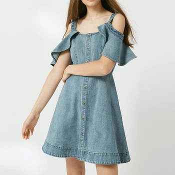 

HIGH STREET Newest Fashion 2020 Designer dress Women's Spaghetti Strap sling Button Ruffles Mini Denim dress