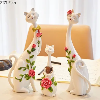 

3 Pcs/set Flower Pattern Family of Kittens Wedding Anniversary Gift Family Statue Ornaments Resin Couples Crafts Desk Statuette