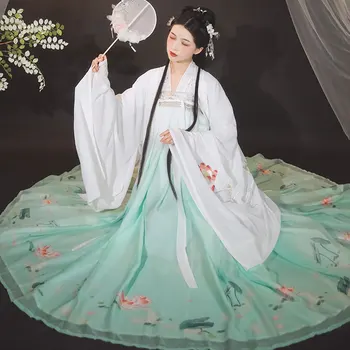 

2020 Chinese Hanfu Outfits Fairy Dress White Coat Green Skirt Festival Folk Dance Costume Chinese Clothes For Women Hanfu BI772