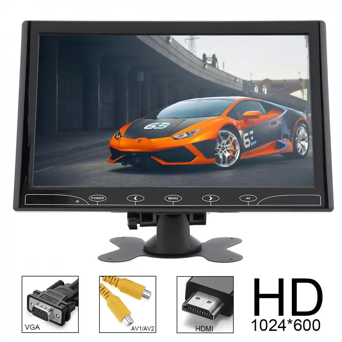 

10.1 Inch 16:9 HD 1024*600 TFT LCD Color Car Rear View Monitor 2 Video Input DVD VCD Headrest Vehicle Monitor Audio HDMI VGA