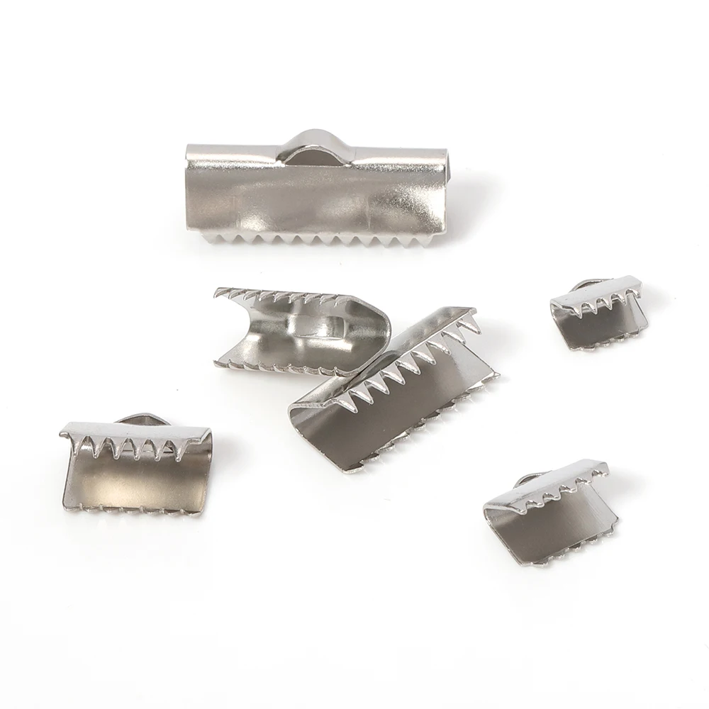 

50pcs/lot 6Size Stainless Steel Fastener Clasps Fitting Flat Leather Cord Silver Tone End Caps Clip Clasps Jewelry Making