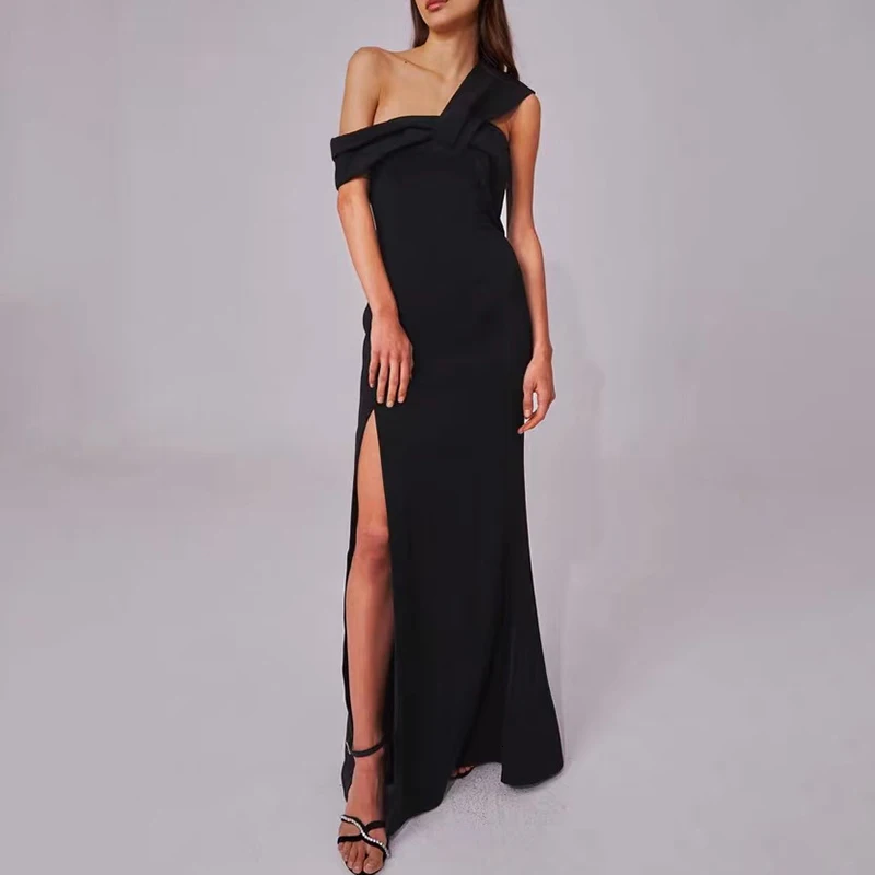 TWOTWINSTYLE, сексуальные вечерние женские платья, асимметричные, на одно плечо, без рукавов, с высокой талией, с разрезом по бокам, женская одежда