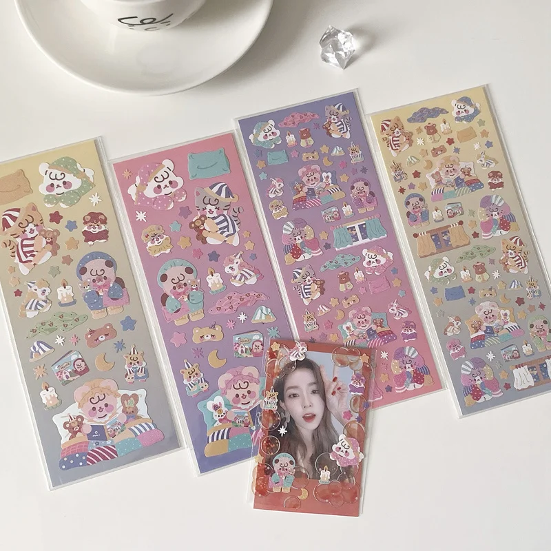 

1Pc Korea Ins Cute Cartoon Life Little Bear Laser Decoration Sticker Diy Hand Account Star PET Waterproof Stationery Sticker