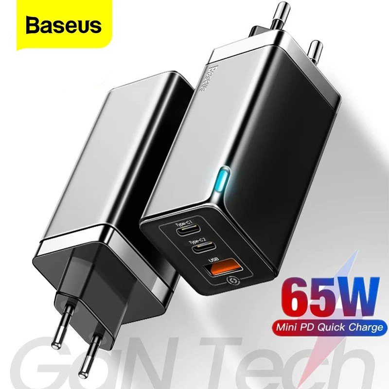 

Baseus 65W GaN Fast Charger Type C PD Quick Charge 4.0 QC 3.0 EU US Plug 3 Ports USB Portable Charger For iPhone Huawei Xiaomi