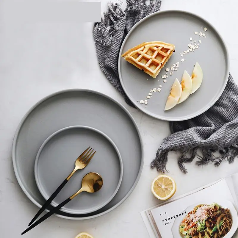 Grey Solid Dinner Plate Large Size Tableware Round Ceramic Plates