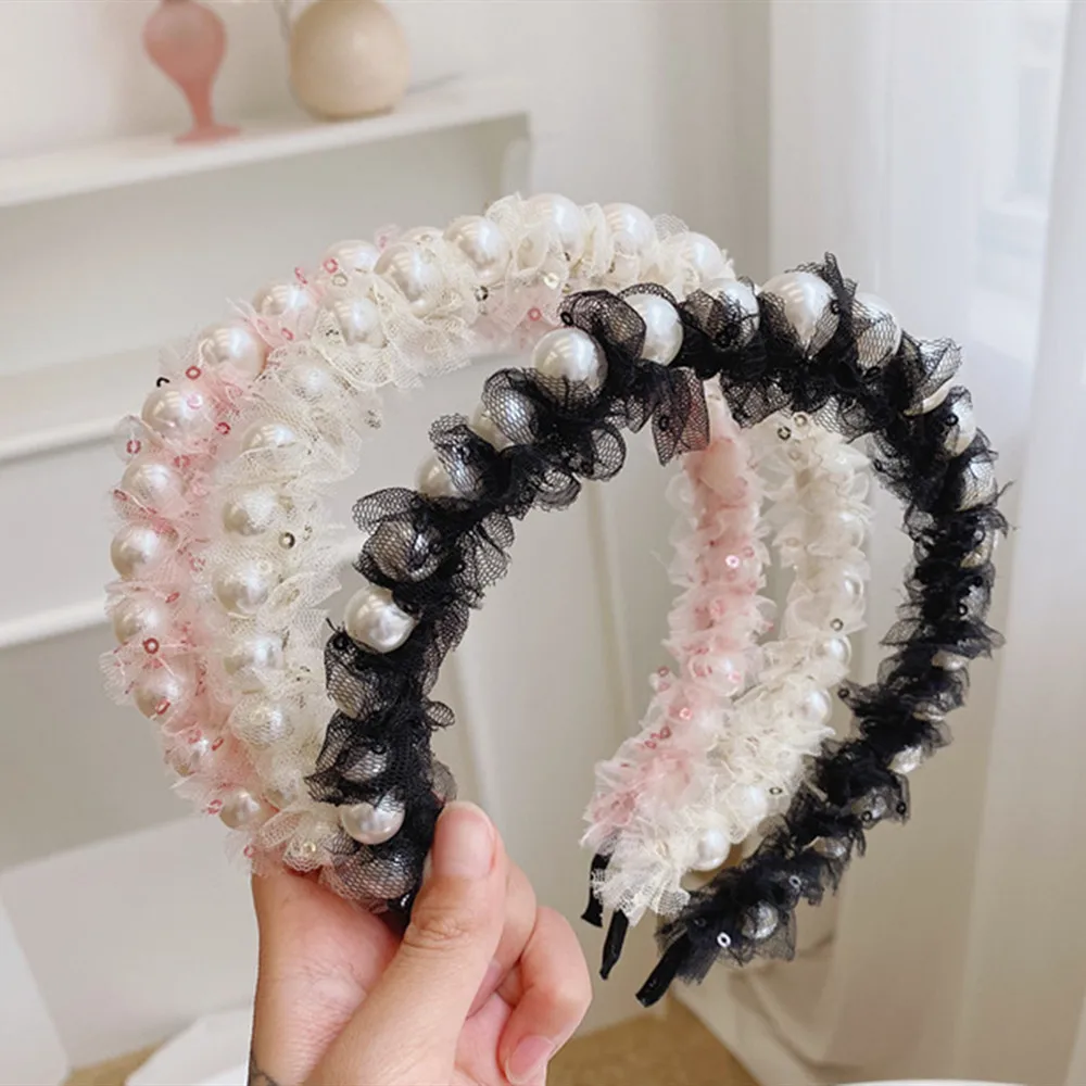 

Fashion hair accessories women sequined mesh headband thin side large pearl headbands boutique wlid girl love hair band headwear