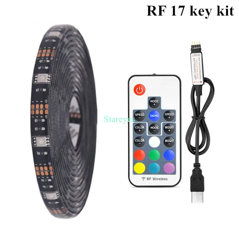 Black PCB RF17 Key SMD 5050 DC5V USB RGB Светодиодная лента 30 светодиодный/м светильник Гибкая IP20 IP65 водонепроницаемая лента 1 м 2 м 3 м 4 м 5 м Пульт дистанционного управления для ТВ фона - Испускаемый цвет: Black PCB RF17 Key