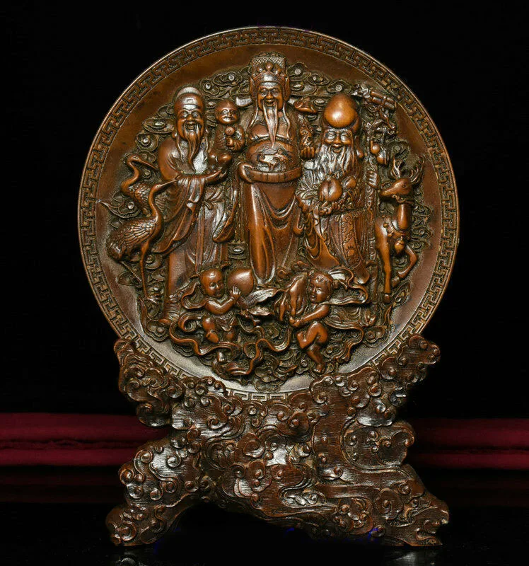 

wedding decoration Chinese Boxwood Wood Carved 3 Longevity God Fu Lu Shou Life God Statue Screen