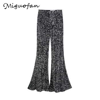

Miguofan Women Pants Sequins Solid vintage club streetwear bottoms Elastic High Waist pants Flare Pants Female Trousers 2020 new