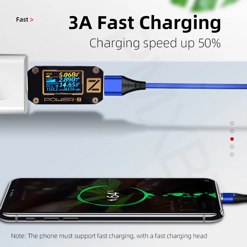 Магнитный кабель Micro USB type-C, вращающийся на 360 градусов, 3 А, быстрая зарядка для iPhone, samsung, huawei, USBC, магнитное зарядное устройство