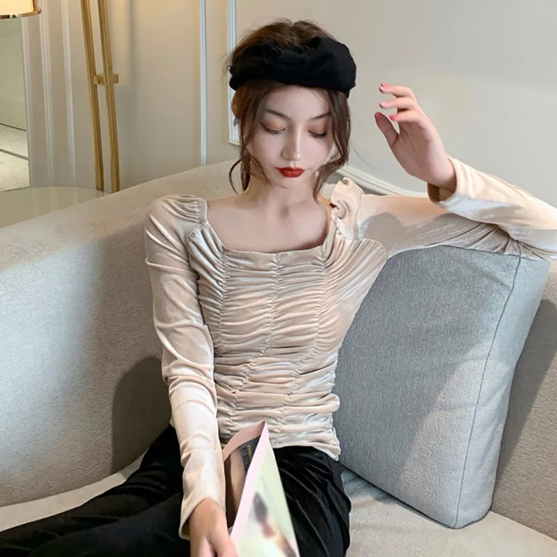 

Women T-Shirt Velvet Solid Color Loose Long Sleeve T-shirt Square Collar Pleated Casual Tops Simple Wild Female T-Shirts NN
