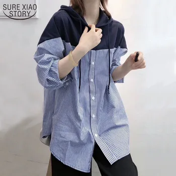 2021 Autumn Hooded Striped Stitching Shirt Female Korean Style Loose Hoodies Women Drawstring Tops Sweatshirts Plus Size 11943 1