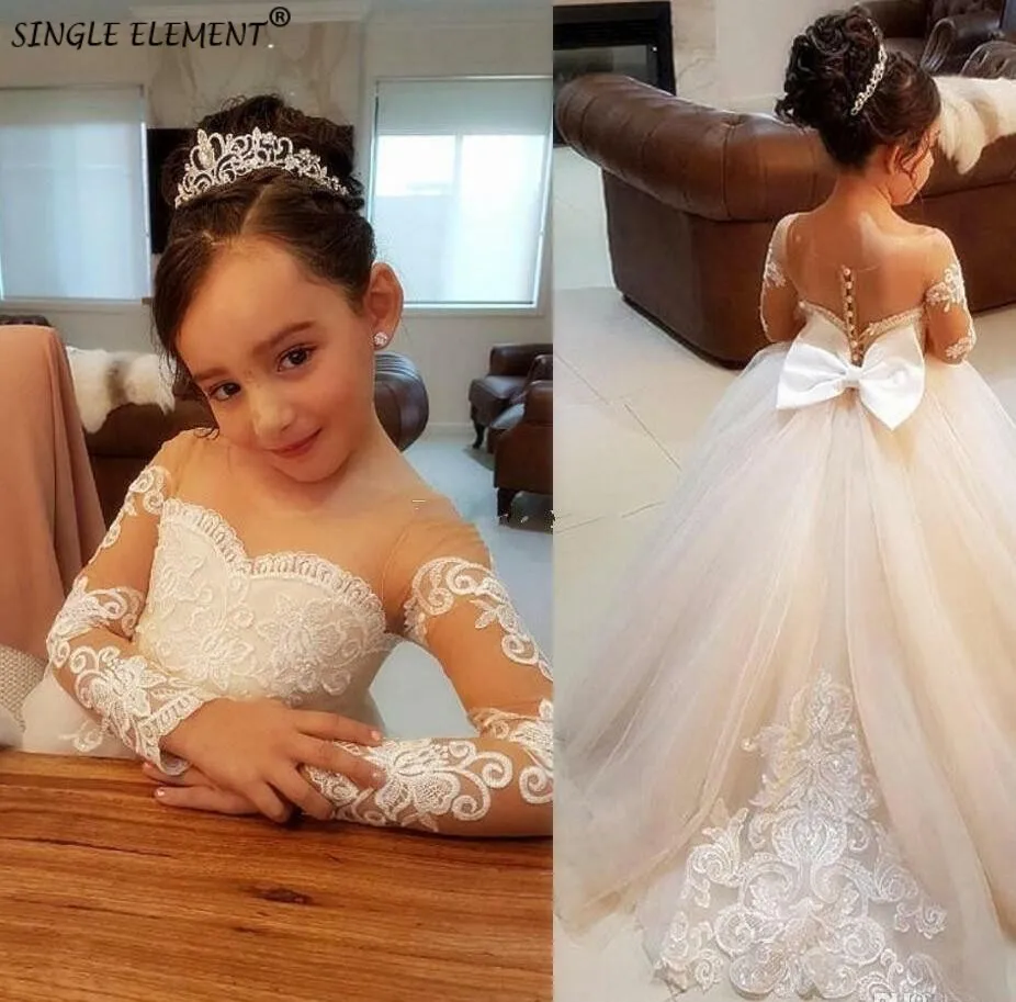 White Ivory Flower Girl Dresses Long Sleeves Bows Beauty Lovely Little Kids High Qaulity Lace Pageant Wedding Party Gown
