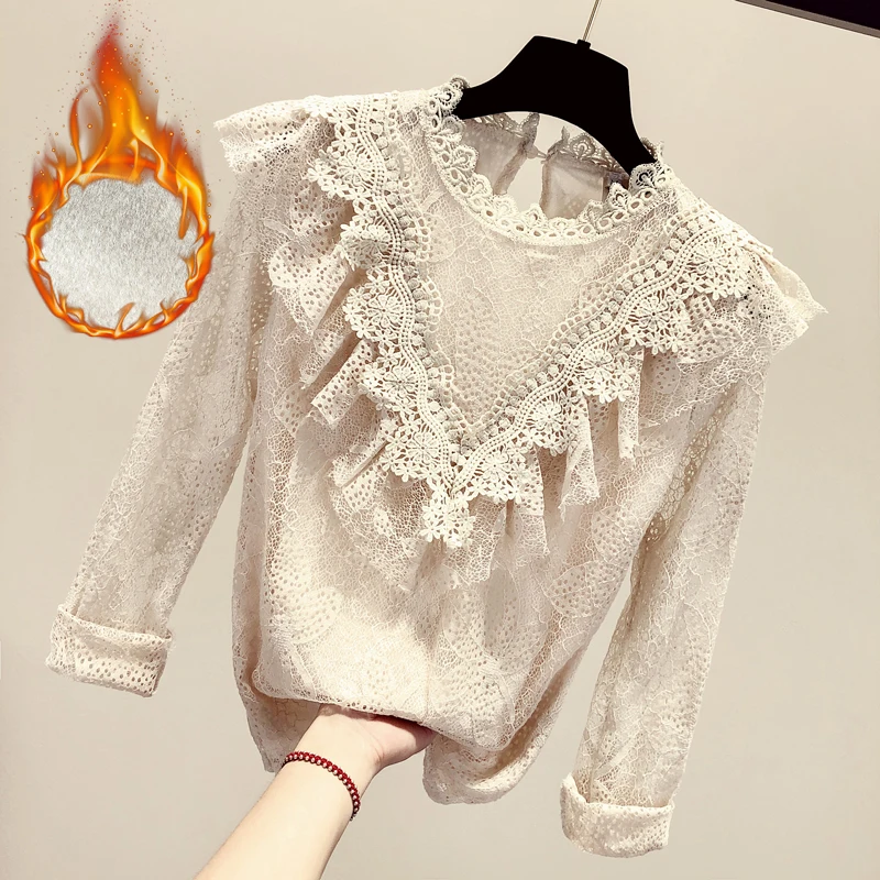 fleece blouse MUMUZI, Весенняя Новинка, базовая кружевная блузка для женщин, длинный рукав, оборки, топы, белый и абрикосовый цвет, открытые рубашки, женская вязаная рубашка - Цвет: fleece blouse