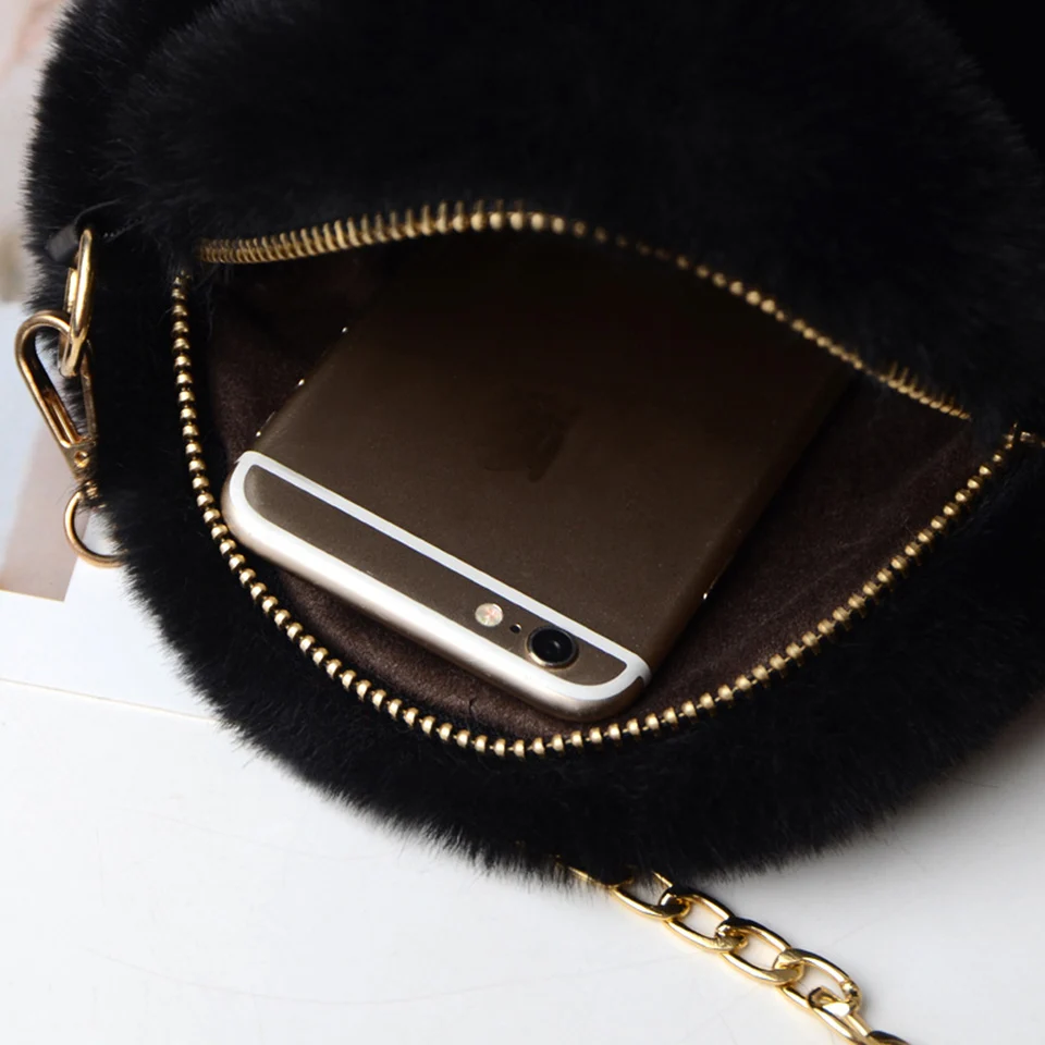 Round-Shaped Chain Shoulder Bags For Women Winter Soft Faux Fur Solid Color Crossbody Bag Messenger Bags Purse Mini Handbags Sac