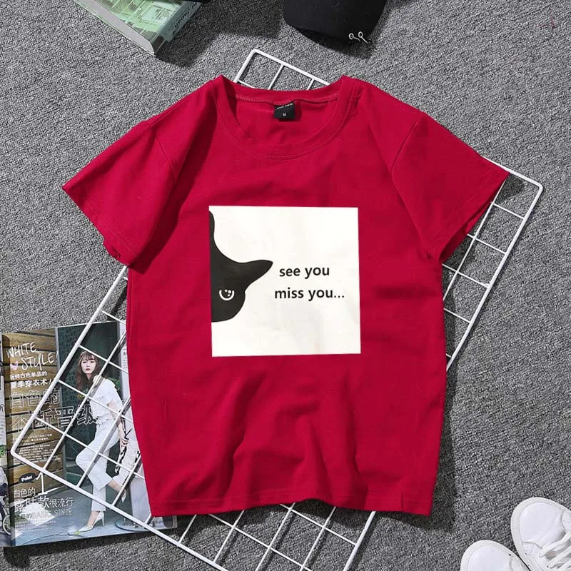 Летняя новая футболка Харадзюку, женская футболка с рисунком милого кота, женская футболка с коротким рукавом и круглым вырезом, Женский Топ, мягкая белая футболка - Цвет: R 1