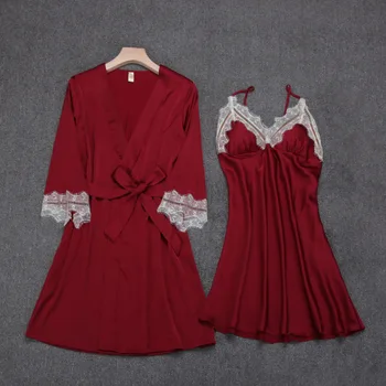 

Lady Kimono Robe Gown Wedding Robe Satin 2PCS Nighty&robe Suit Sleepwear Casual Bath Gown Nightgown Lace Intimate Lingerie