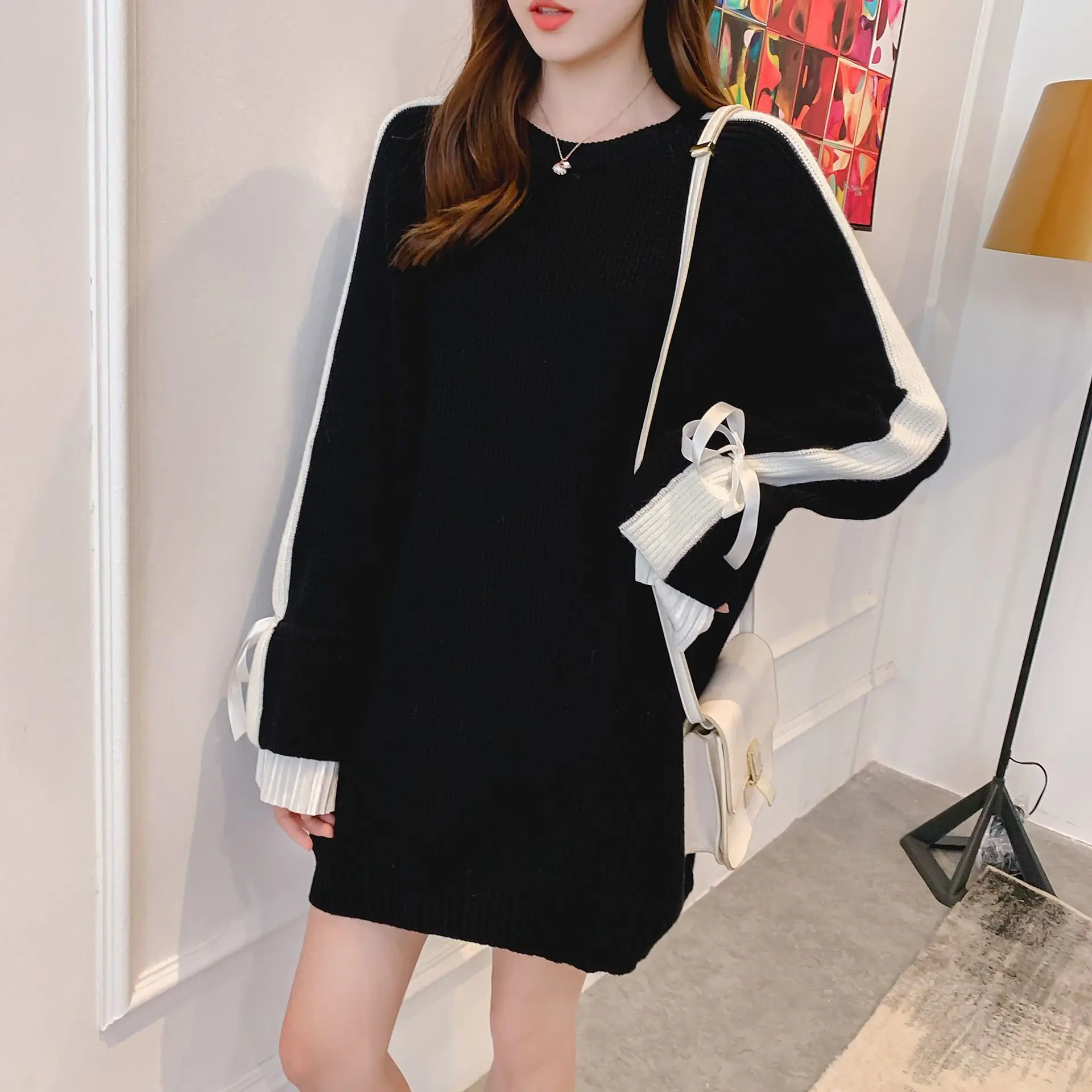 Маленькое чистое и свежее вязаное платье, новое женское осенне-зимнее корейское издание свободного кроя средней длины, шерстяное платье для студентов