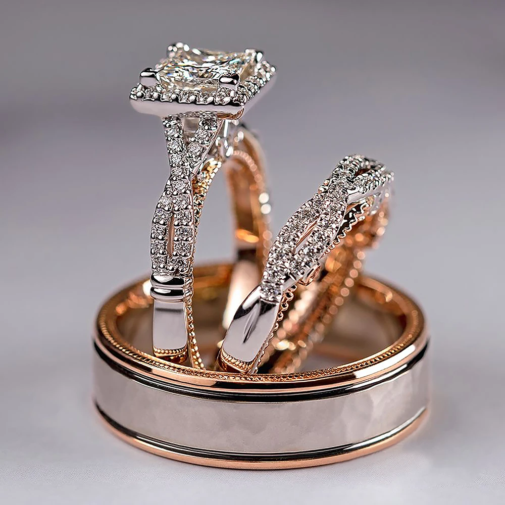 Huitan Conjunto de anillos de boda para y mujeres, joyería de lujo con corte de princesa de circonita cúbica, accesorios elegantes, joyería de moda para boda|Anillos| - AliExpress