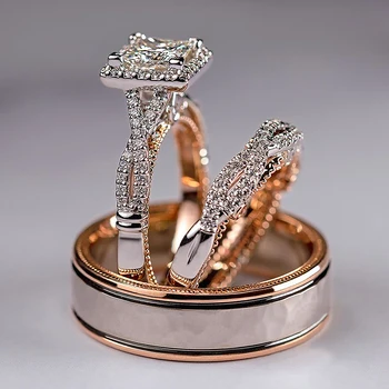 Huitan Luxury Princess Zircon Bridal Marriage Set Rings.