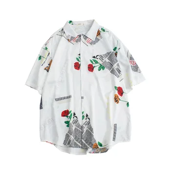 

Hawaiian Style Men's Big Sizes Shirt 2020 Summer Short Sleeve Shirts Casual Letter Rose Printed Oversized Mens Clothing Chemise