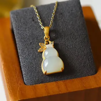 

SNew Silver Natural Hetian White Jade Small Gourd Pendant Necklace Delicate Cute Fresh Women Vintage Brand Jewelry