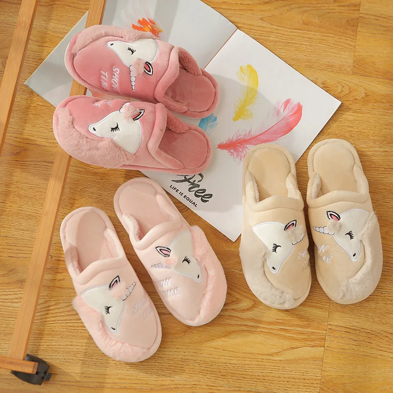 Unicorn Winter Women Men Home Slippers New Non-slip Soft Fur Warm Indoor Bedroom Lovers Couples Floor House Shoes Ladies