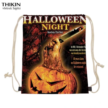

THIKIN Halloween Drawstring Bags Pumpkin 3D Print Durable Polyester Shopping Bags for Kids Travel Grocery Bags String Sack 2020