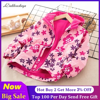 New Children's Windbreaker Jacket For Girls 2021 Spring Flower Pattern Polar Fleece Hooded Coat Outerwear Windproof Clothes