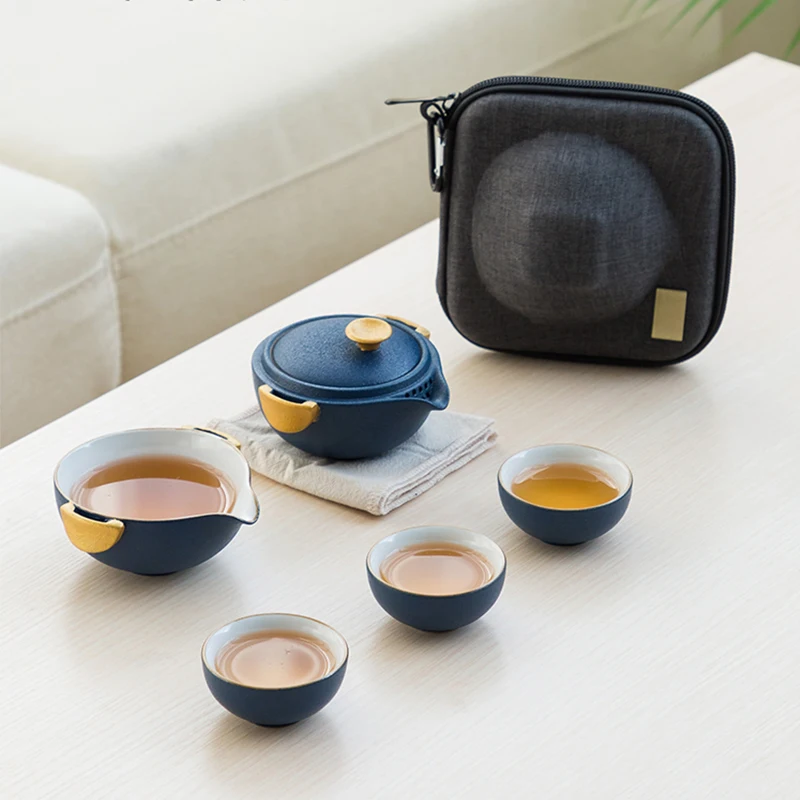 LUWU ceramic teapots with 3 cups blue portable travel tea sets