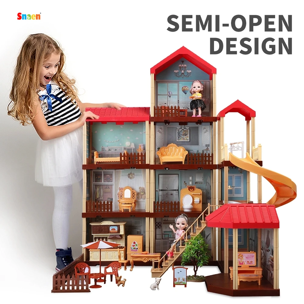 

275PCS Dollhouse DIY Pretty Dreamhouse Kit Decorations w/ Furniture Accessories Doll Action Figure and Movable Stairs Build Toys