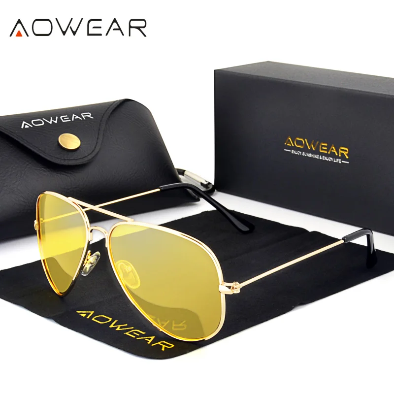 AOWEAR Brand 3025 Goggles Vision Night Glasses for Driving Polarized Aviation Yellow Sunglasses Men Night Vision Pilot Eyewear night vision glasses night vision sunglasses driving sunglasses