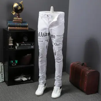 

New European and American Autumn Jeans Men's Slim Personality Printing White Long Pants Trend Fashion Tide Brand jeans