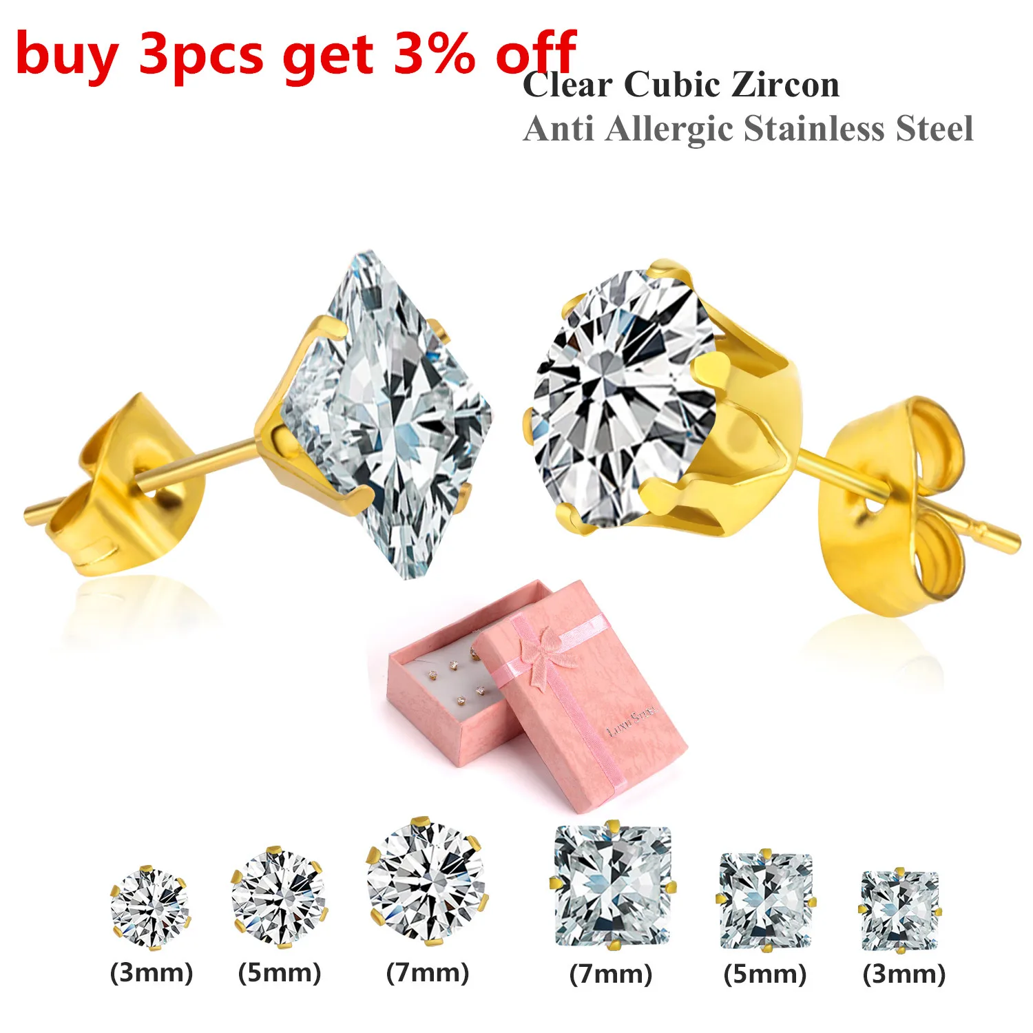Серьги LUXUSTEEL с белыми кристаллами размером 3 мм/5 мм/7 мм смешанный стиль