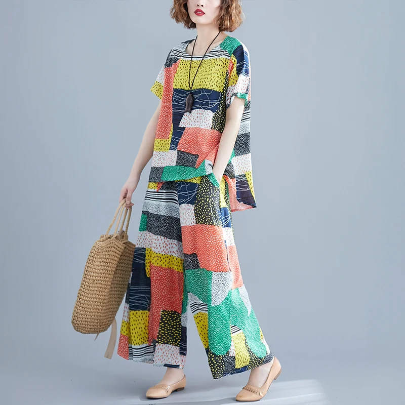 

Plus Size Women Sets Summer Big Size Loose Female Set Suits Cotton Linen Lady Tops Shirt Wide Leg Pants Vintage Print 2019