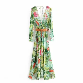 

2020 summer women's new French deep V-neck long-sleeved printed smart smoked dress with belt holiday style long dress