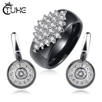 

Fashion Elegant Jewelry Sets For Women Ring Earrings 8MM Width Ceramic Material Black White Earrings Rings Girls Wedding Gift