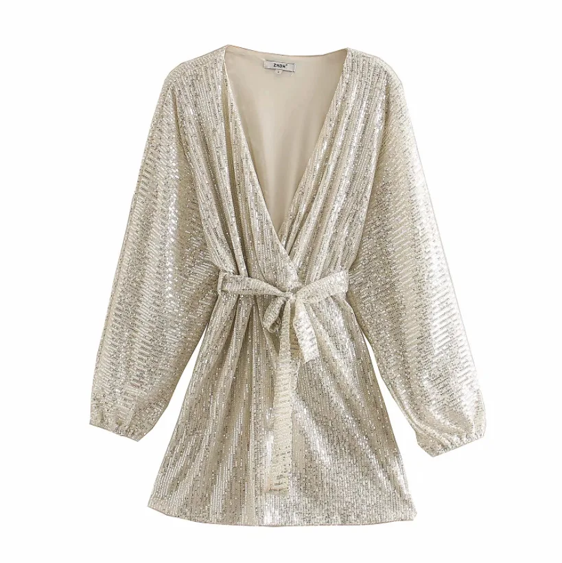 

2020 chun xin Products in Europe And American Style WOMEN'S Dress Long Sleeve of Belt Silver Paillette Mini Dress A8fs9326