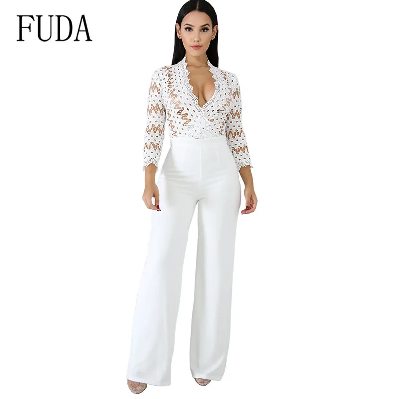 

FUDA New Women's Fashion Casual Jumpsuits Seven-point Sleeves Hollow Out V-neck Sexy Playsuits Office Lady Long Rompers Overalls
