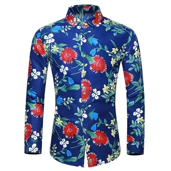 

Flower Men Shirt Dress Plus size Long sleeve Hawaiian Style Casual Shirt Men's Clothing Blouse Male New Black Blue