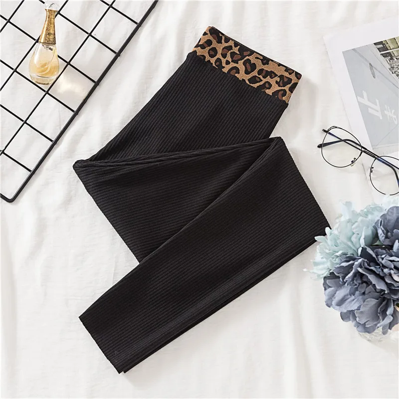 Leopard black Новинка, весенне-осенние хлопковые полосатые леггинсы, женские леггинсы с высокой эластичной талией, узкие брюки, универсальные базовые штаны для женщин - Цвет: Leopard black