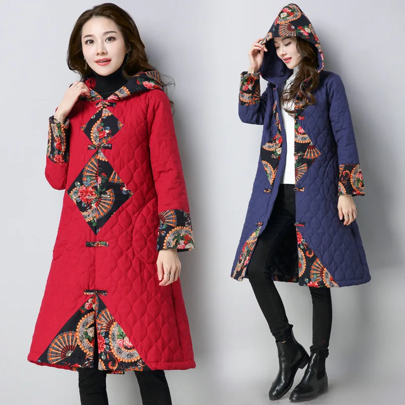 

Photo Shoot 2019 Winter New Style Ethnic-Style Frog Applique Hooded Large Size Dress Thick Cotton Linen Cotton Overcoat