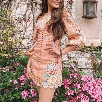 

Runway Dress 2020 Women Summer Elegant Single-breasted V-neck Long Lantern Sleeve Printed Embroidery Dress Female