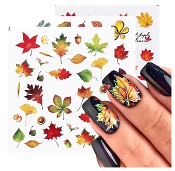 

3D Fall Leaves Nail Art Stickers Gold Yellow Maple Leaf Water Decals Sliders Foil Autumn Design For Nail Manicure / 1000pcs