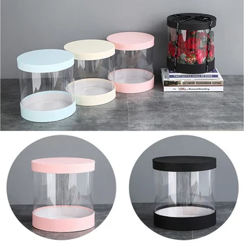 

Round Flower Paper Boxes Hug Florist Flowers Bucket Transparent PVC Cake Gift Box Ladies Presents Paper Packing Case Lid Party