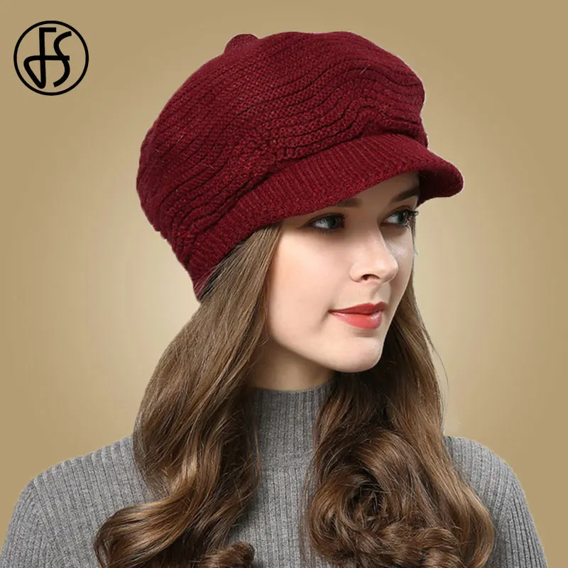 Wine Red Beanies FS теплые зимние шапки для женщин Skullies Beanies Hand Made Hat Новая Осенняя женская вязаная шапка Фиолетовый Черный Красный Sombrero Mujer - Цвет: Wine Red Beanies