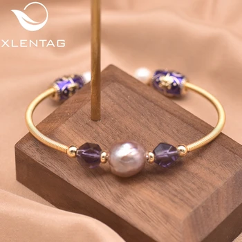 

XlenAg Pure Natural Baroque Pearl And Purple Crystal Open Bangle Bracelet Charm Women'S Birthday Wear Jewelry Pulsera GB0936