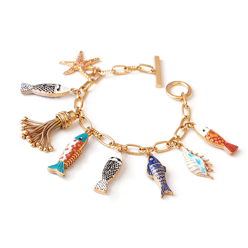 Bohemia Ocean Beauty Charms Bracelet Bangle Hand Enamel Fishes Conch Seastar Tassel Pendants Toggle Bracelet Pulseras - Image 3
