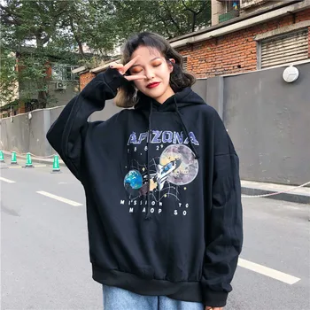 

Paris Girl Women Loose Restore Star Airship Printing Black Thin Pullover O-neck Hoddie Sweatshirt Girls White Gray Hoodies