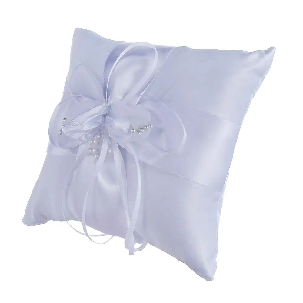 White Handmade Ribbon Pearl Bead Ring Pillow Cushion for Wedding Decor Engagement Marriage Proposal Decor
